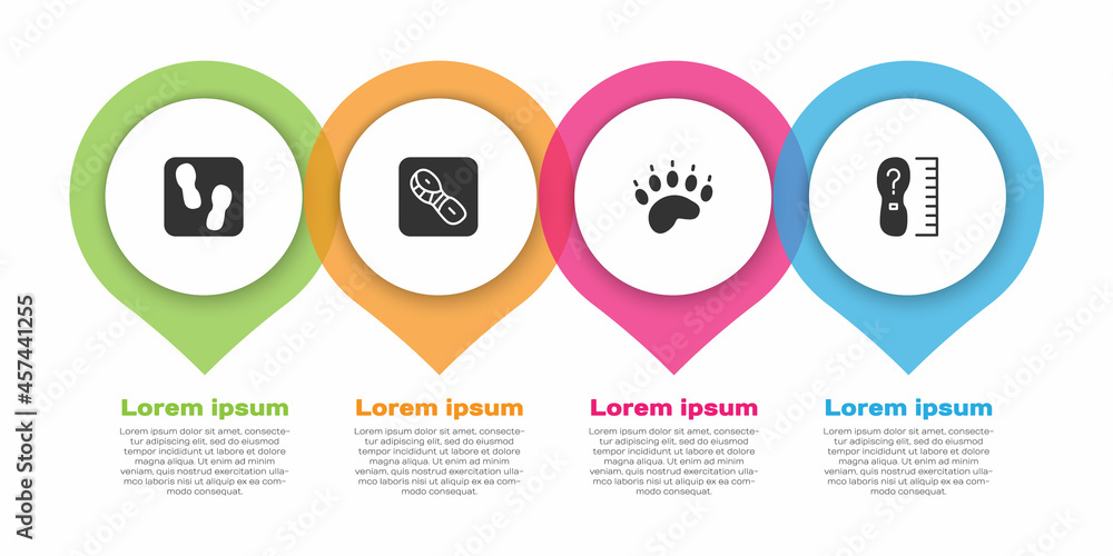 设定人类足迹鞋、熊掌和方块尺寸。商业信息图模板。Vecto