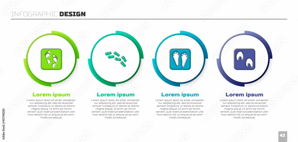 设置人类足迹、脚印鞋、兔子和兔子爪子以及马。商业信息图模板。