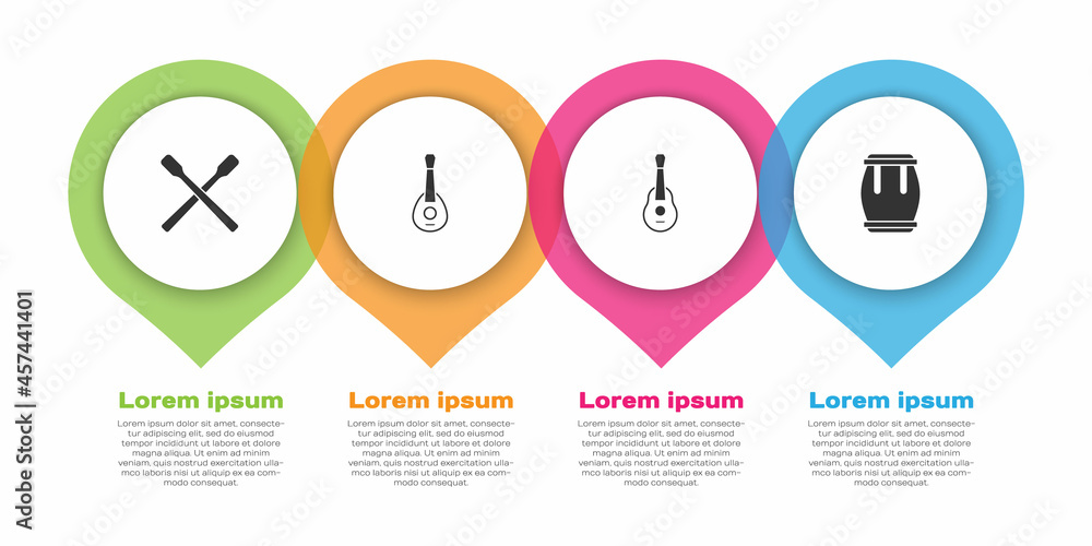 设置鼓槌、吉他和。商业信息图模板。矢量