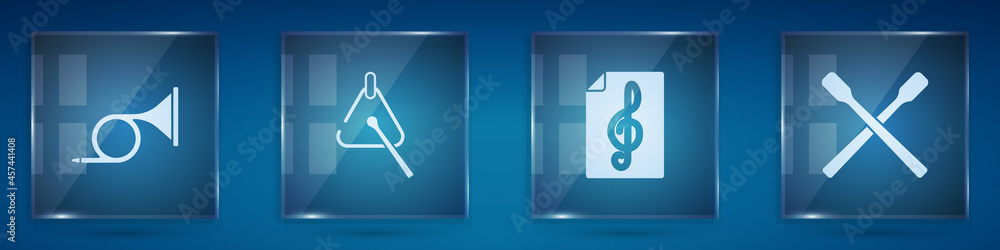 Set Trumpet, Triangle, Treble clef and Drum sticks. Square glass panels. Vector