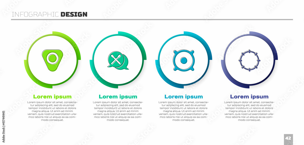 设置吉他拨片、鼓槌、立体声扬声器和铃鼓。商业信息图模板。矢量