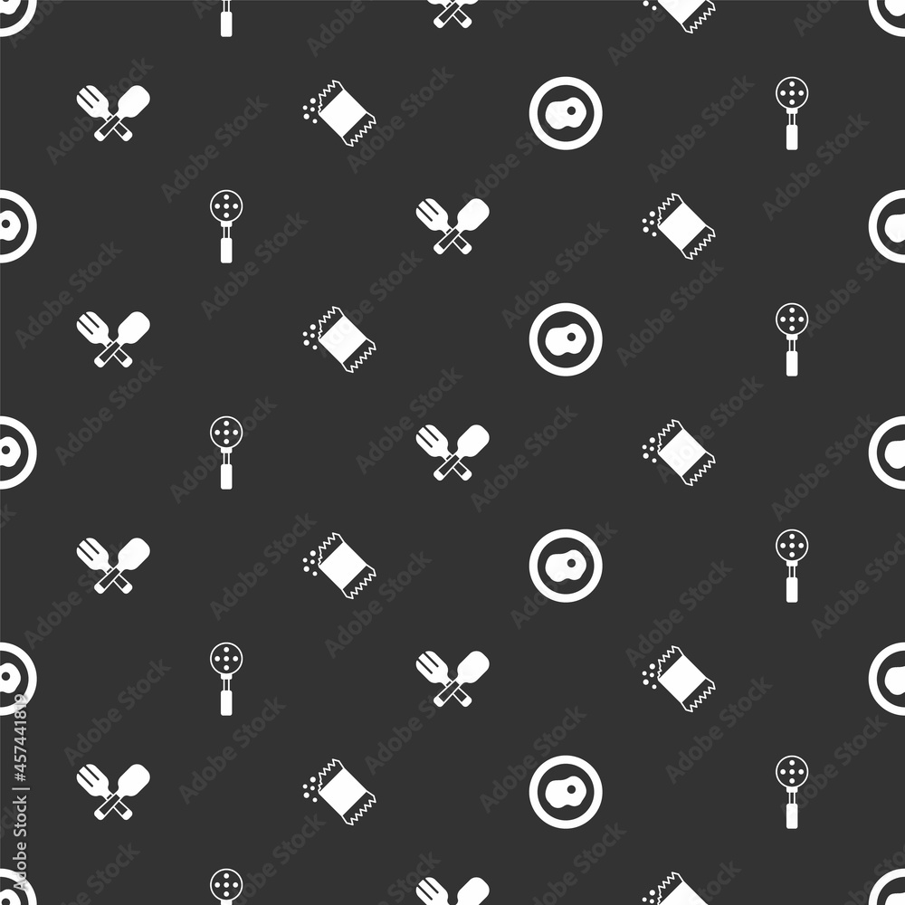 Set Scrambled eggs, Spatula, Crossed fork and spoon and Packet of pepper on seamless pattern. Vector