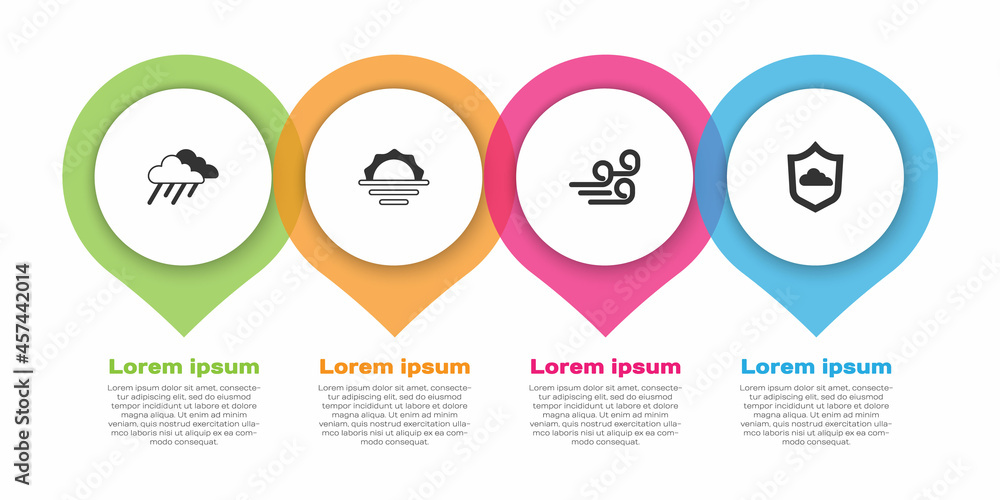 用降雨、日出、大风天气和天气预报设置云。商业信息图模板。Vec