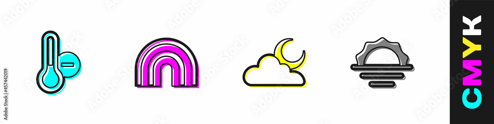 设置气象温度计、彩虹、带月亮的云和日出图标。矢量