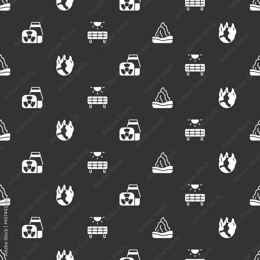 Set Iceberg, Global warming fire, Nuclear power plant and Solar energy panel on seamless pattern. Ve