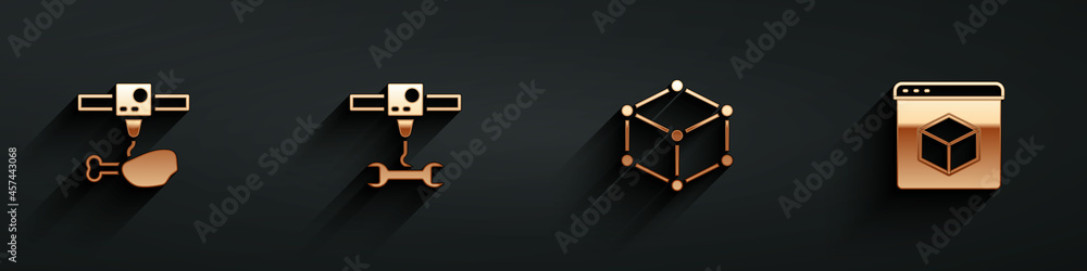 设置3D打印机鸡腿、扳手、等角立方体和长阴影图标。矢量