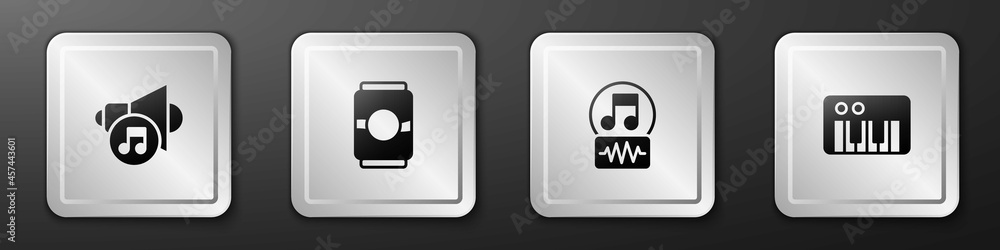 设置扬声器音量、啤酒罐、音符、音调和合成器图标。银色方形按钮。矢量