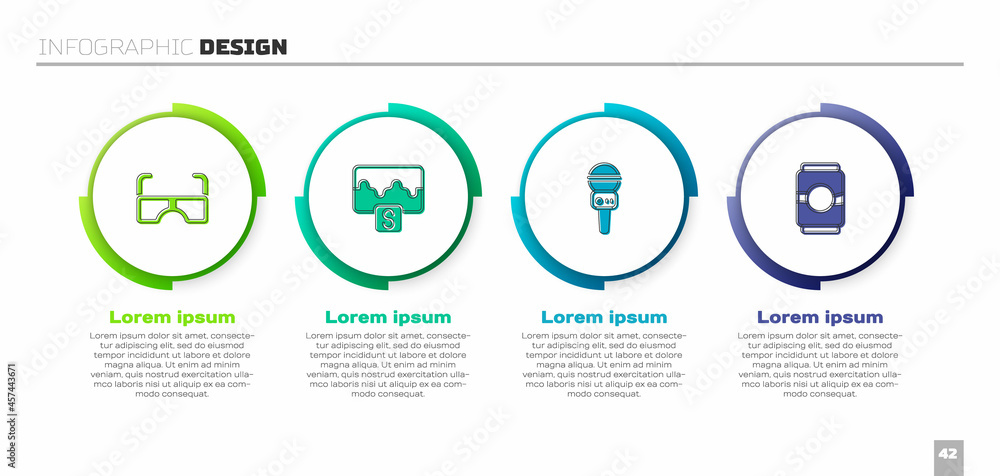 套装眼镜、音乐均衡器、麦克风和啤酒罐。商业信息图模板。矢量
