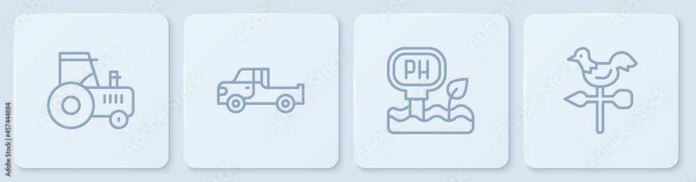 设定线拖拉机，土壤ph测试，皮卡车和公鸡风向标。白色方形按钮。Vecto