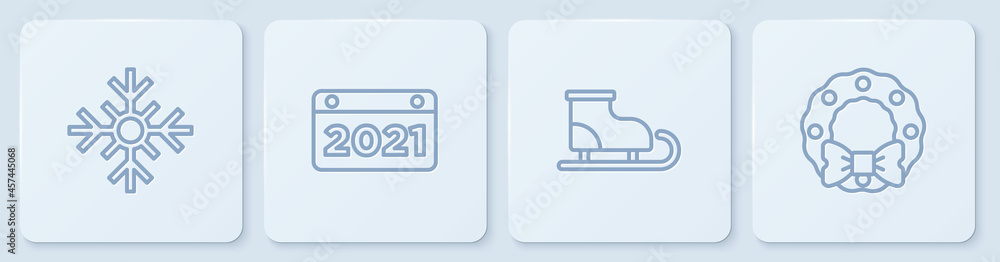 雪片、花样滑冰鞋、日历和圣诞花环。白色方形按钮。矢量