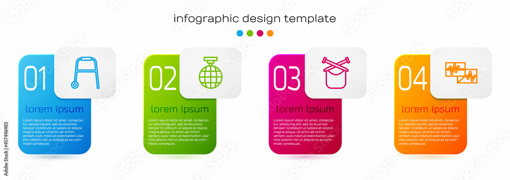 Set line Walker，Disco ball，Knitting and Monitor with cardiogram。商业信息图模板.Ve