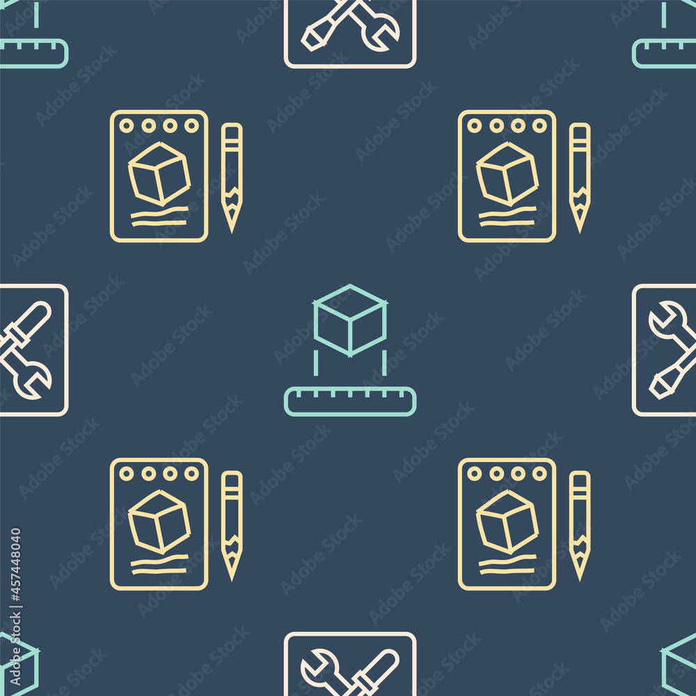 Set line 3D printer setting, Sketch on paper and Isometric cube on seamless pattern. Vector