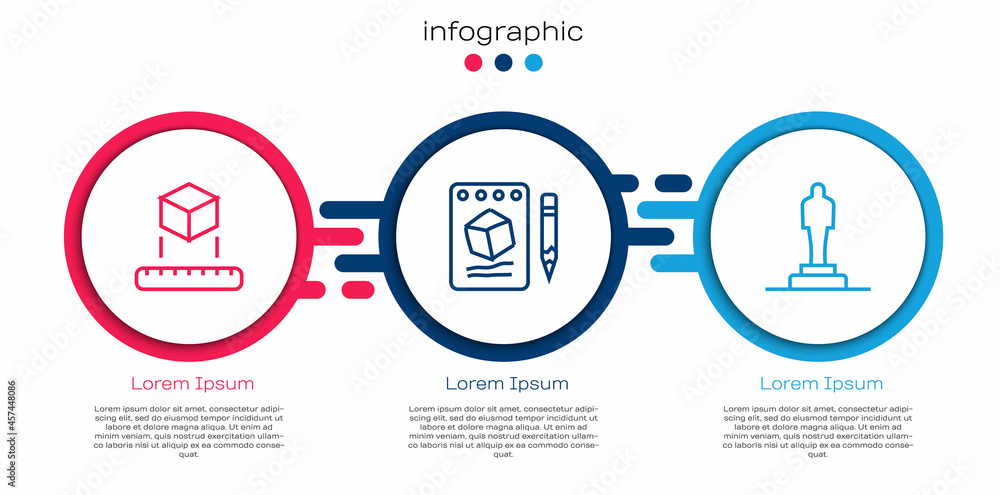 Set line Isometric cube, Sketch on paper and 3D printer model. Business infographic template. Vector