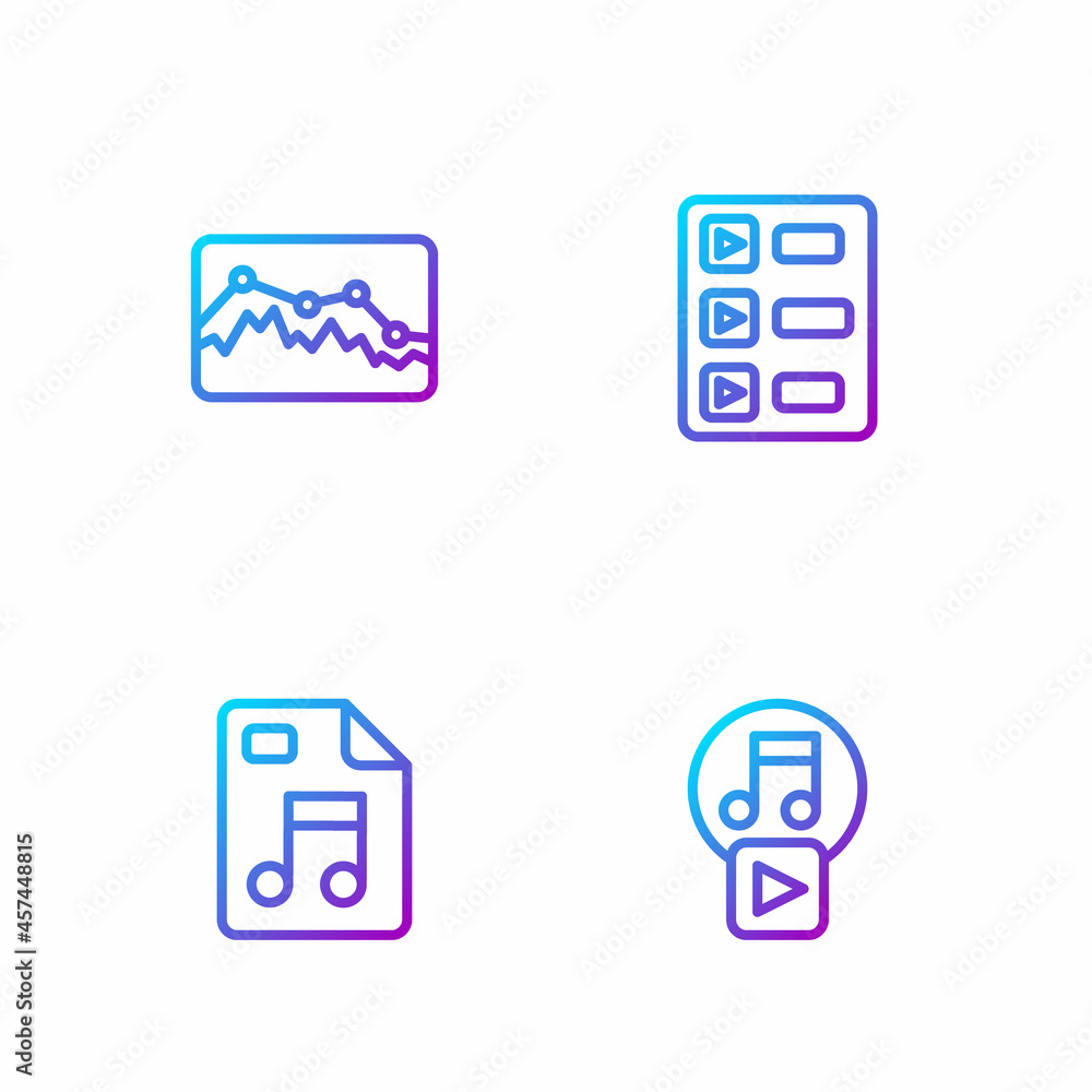 Set line Play in square, MP3 file document, Music wave equalizer and playlist. Gradient color icons.