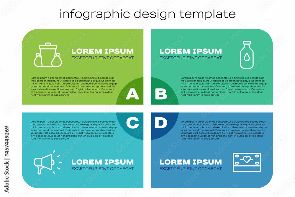 设置线路扩音器、垃圾桶、捐赠和慈善机构以及一瓶水。商业信息图templa