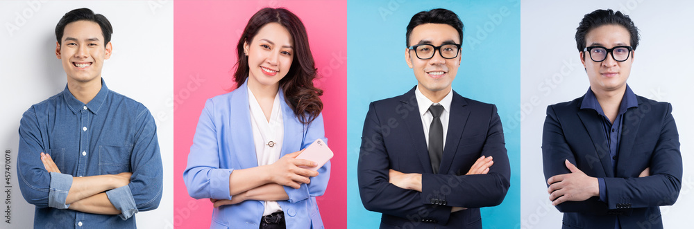 Photo collage of cheerful Asian businesspeople