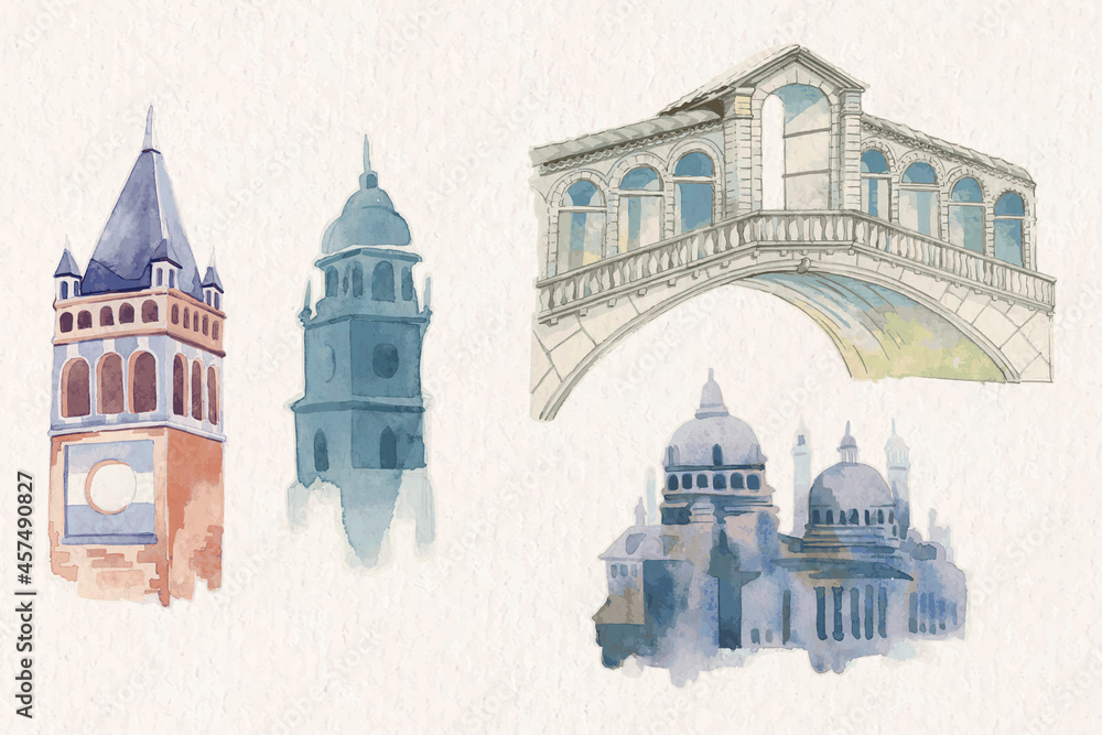 Vintage European architectural building vector watercolor set