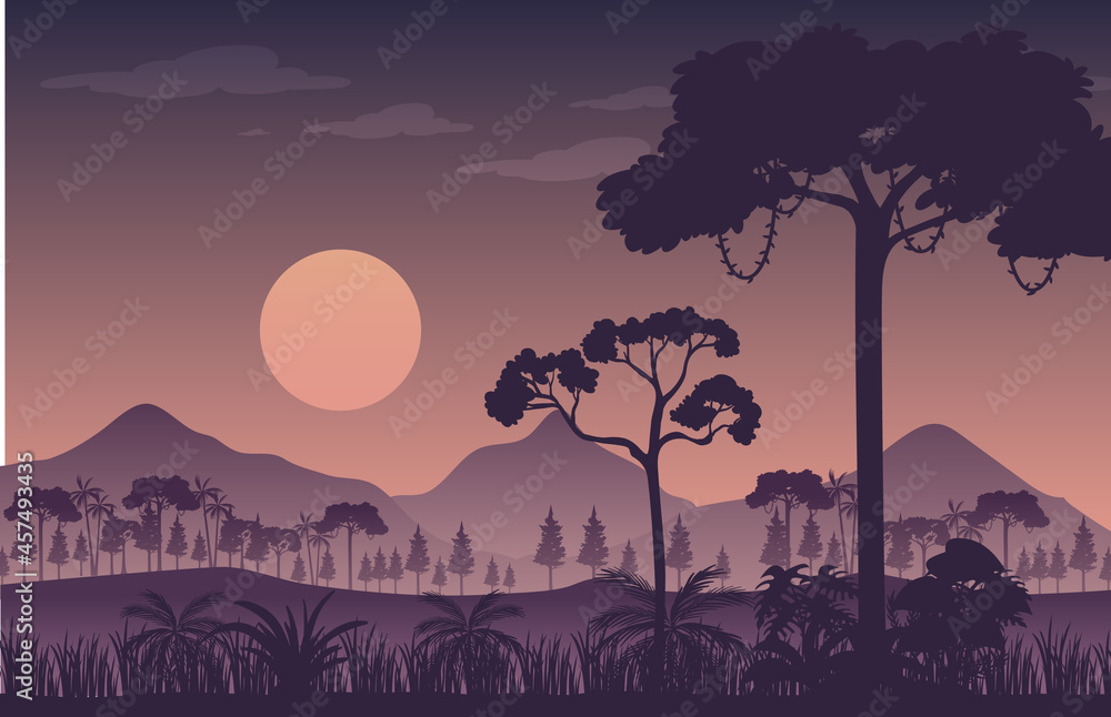 Silhouette twilight forest landscape background