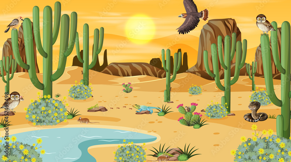 Desert forest landscape at daytime scene with desert animals and plants