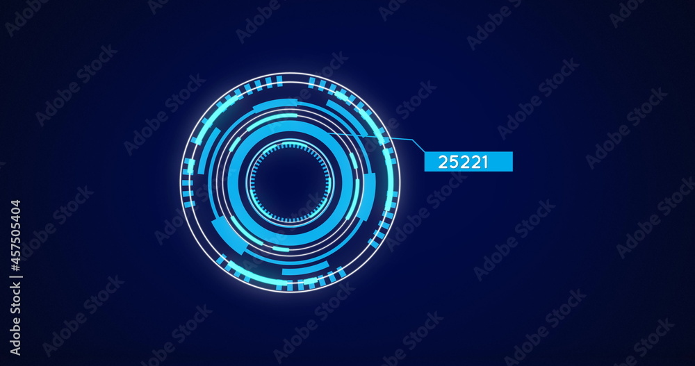 蓝色背景下旋转的霓虹灯圆形扫描仪上数字不断增加的数字图像