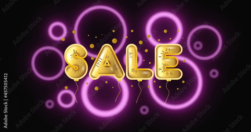 Image of yellow balloon sale text in on purple neon circles in background