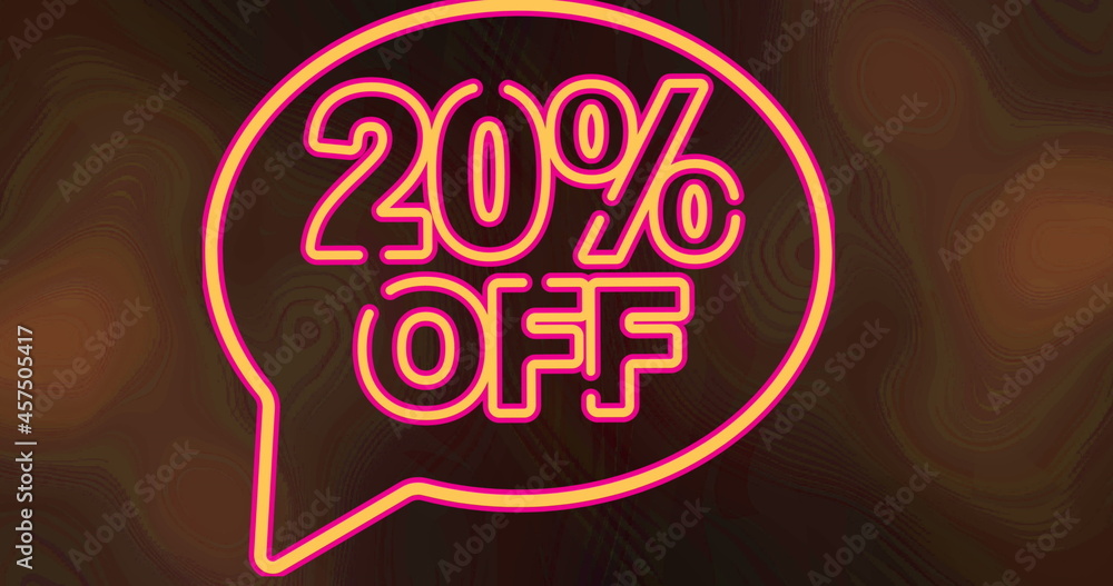 Image of 20 percent off text in orange neon letters and speech bubble on orange background