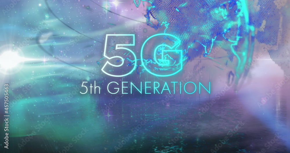 Image of 5g 5th generation text in blue neon letters over spinning globe in universe