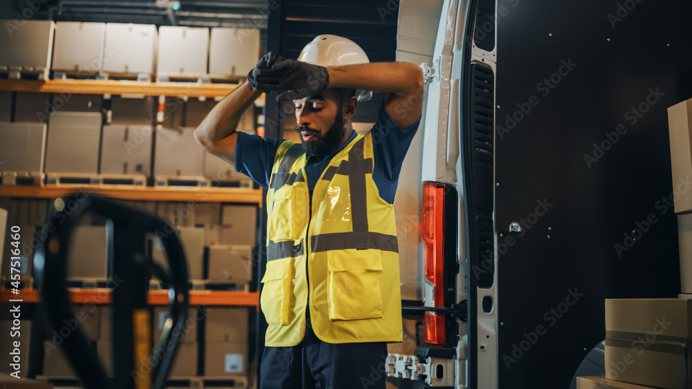 Handsome Latin Male Worker Loads Cardboard Boxes into Delivery Truck. Delivering Online Orders, E-Co