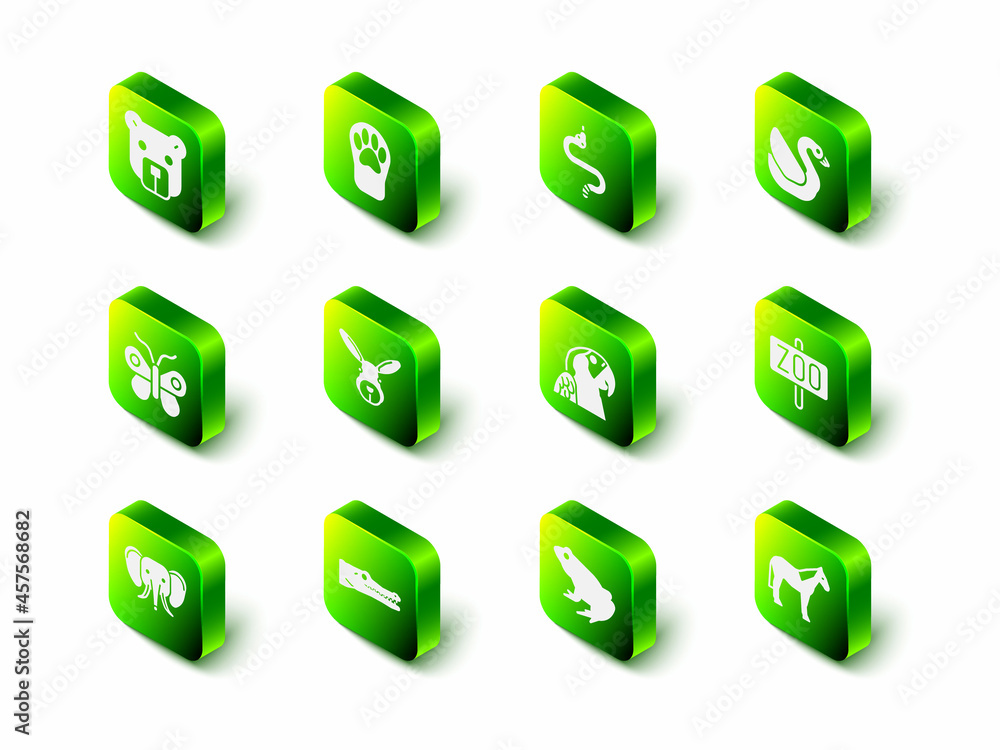 Set Paw print，Snake，Swan bird，Zoo park，Horse，Macaw鹦鹉，Frog and Crocodile icon。矢量