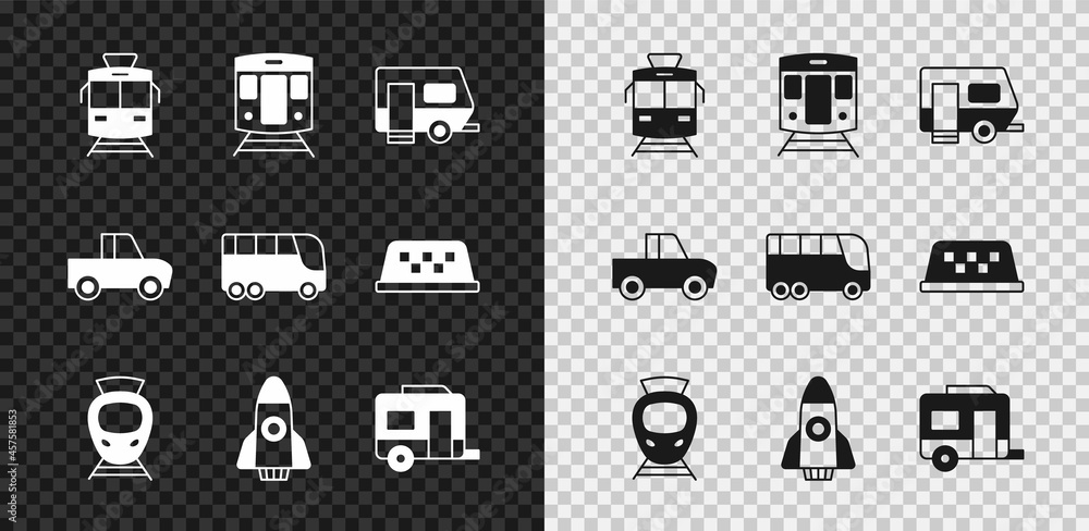 设置有轨电车和铁路、火车、Rv露营拖车、火箭船、皮卡和巴士图标。Vector