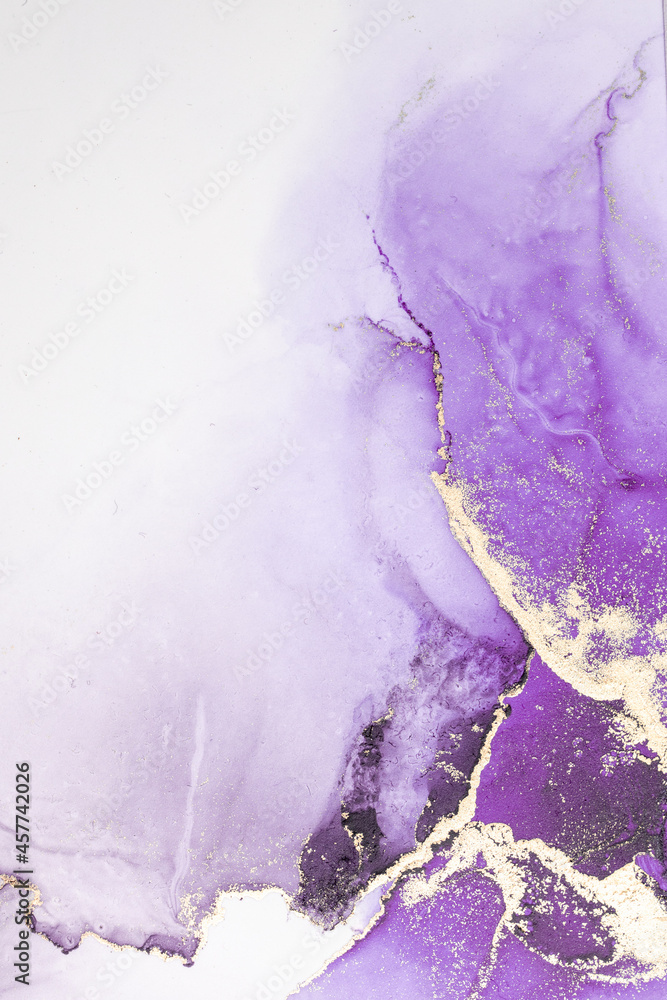 Purple gold abstract background of marble liquid ink art painting on paper . Image of original artwo