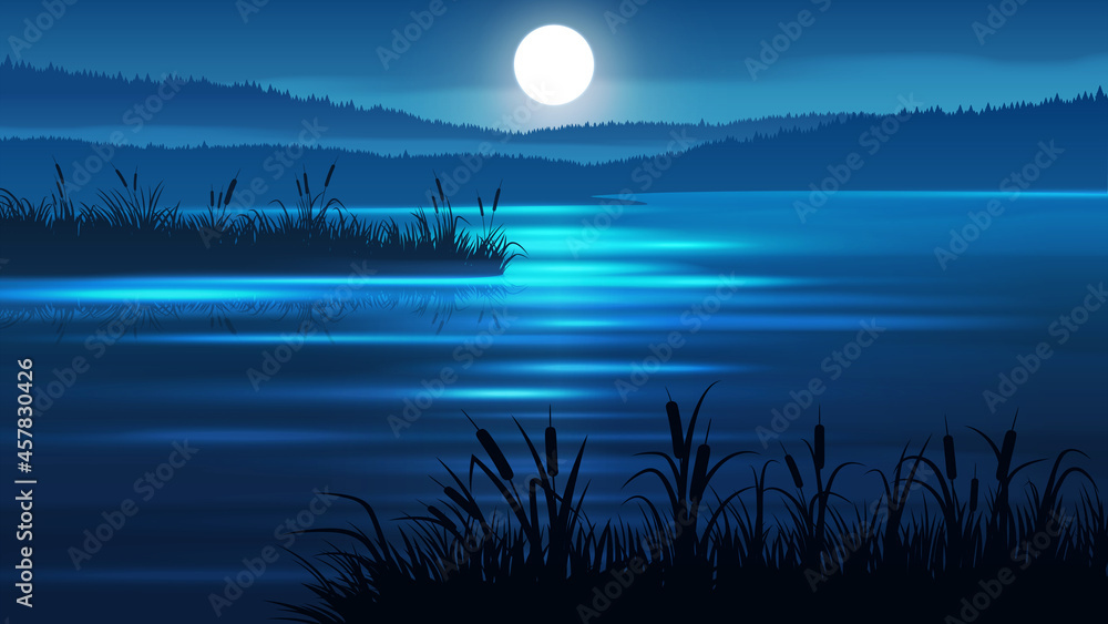 水中蒲草的矢量插图。满月、湖泊和山脉的夜景