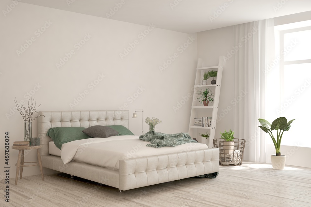 Soft color bedroom interior. Scandinavian design. 3D illustration