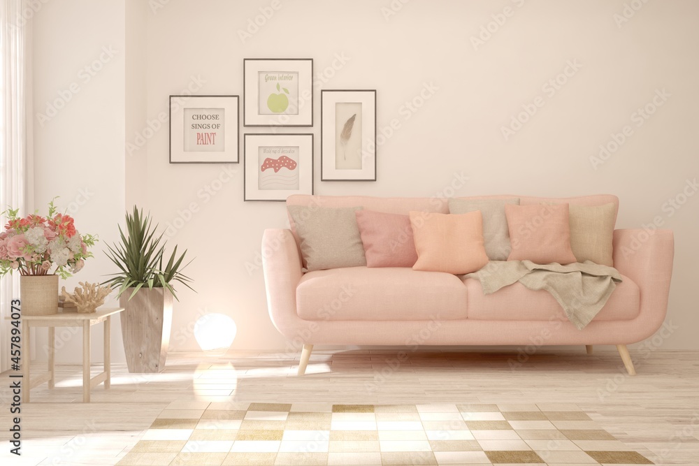 Pink living room with sofa. Scandinavian interior design. 3D illustration