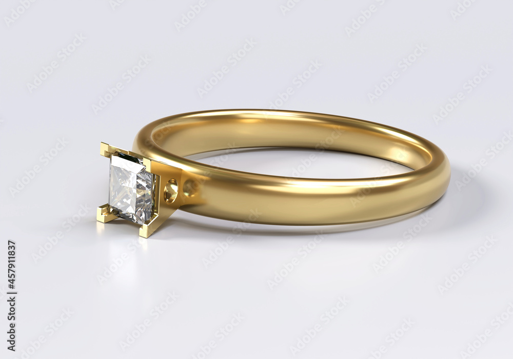 Princess Cut Diamond Ring placed on white Background, 3D Rendering.