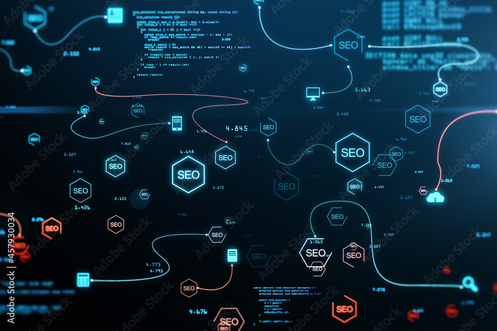 带有图标的抽象发光SEO背景。搜索引擎优化和编码概念。3D渲染