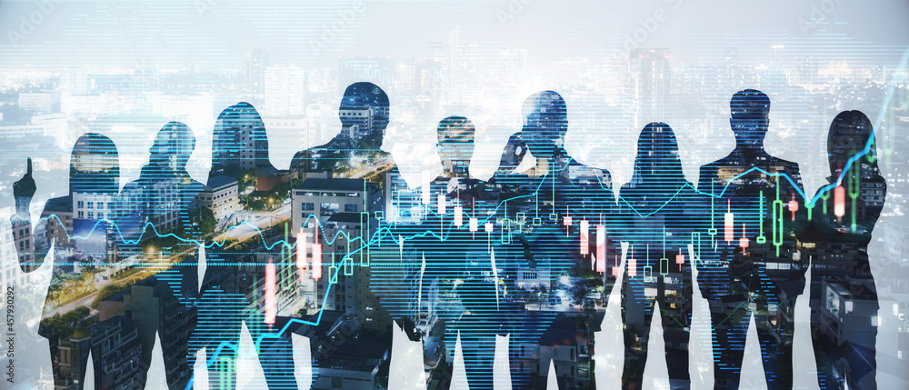 Wide image of businesspeople silhouettes standing on abstract night city background with forex chart