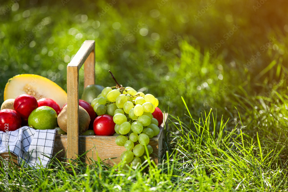 Basket with fresh fruits on grass