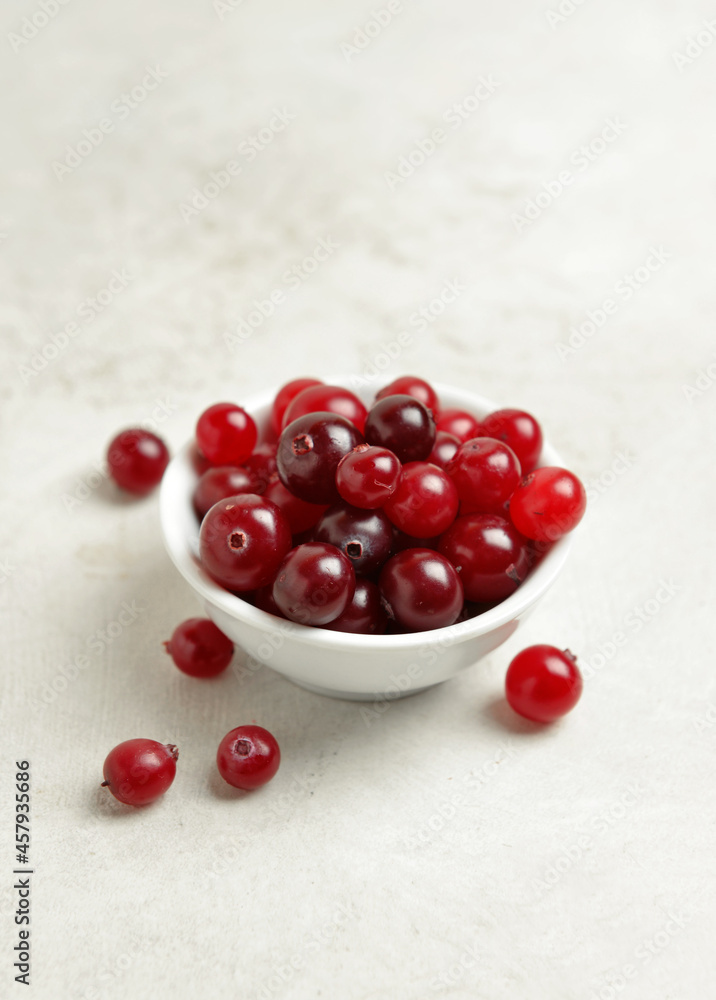 Bowl with healthy cranberries on light background