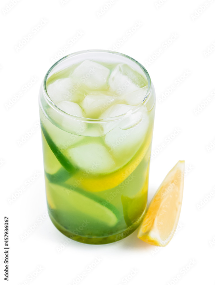 Glass with tasty lemonade on white background