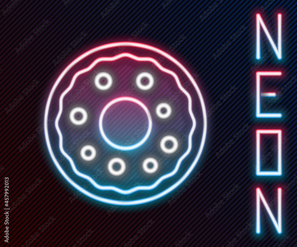 Glowing neon line Donut with sweet glaze icon isolated on black background. Colorful outline concept