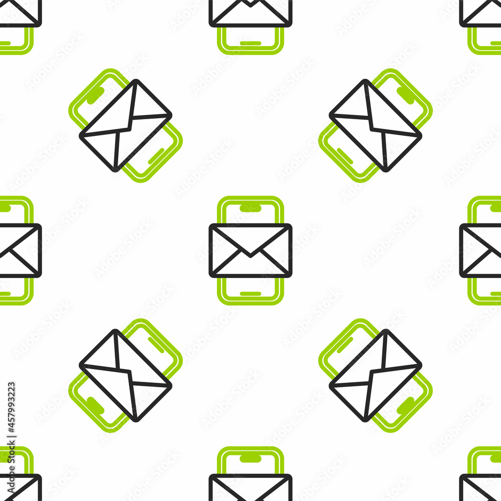 Line Mobile and envelope, new message, mail icon isolated seamless pattern on white background. Usag