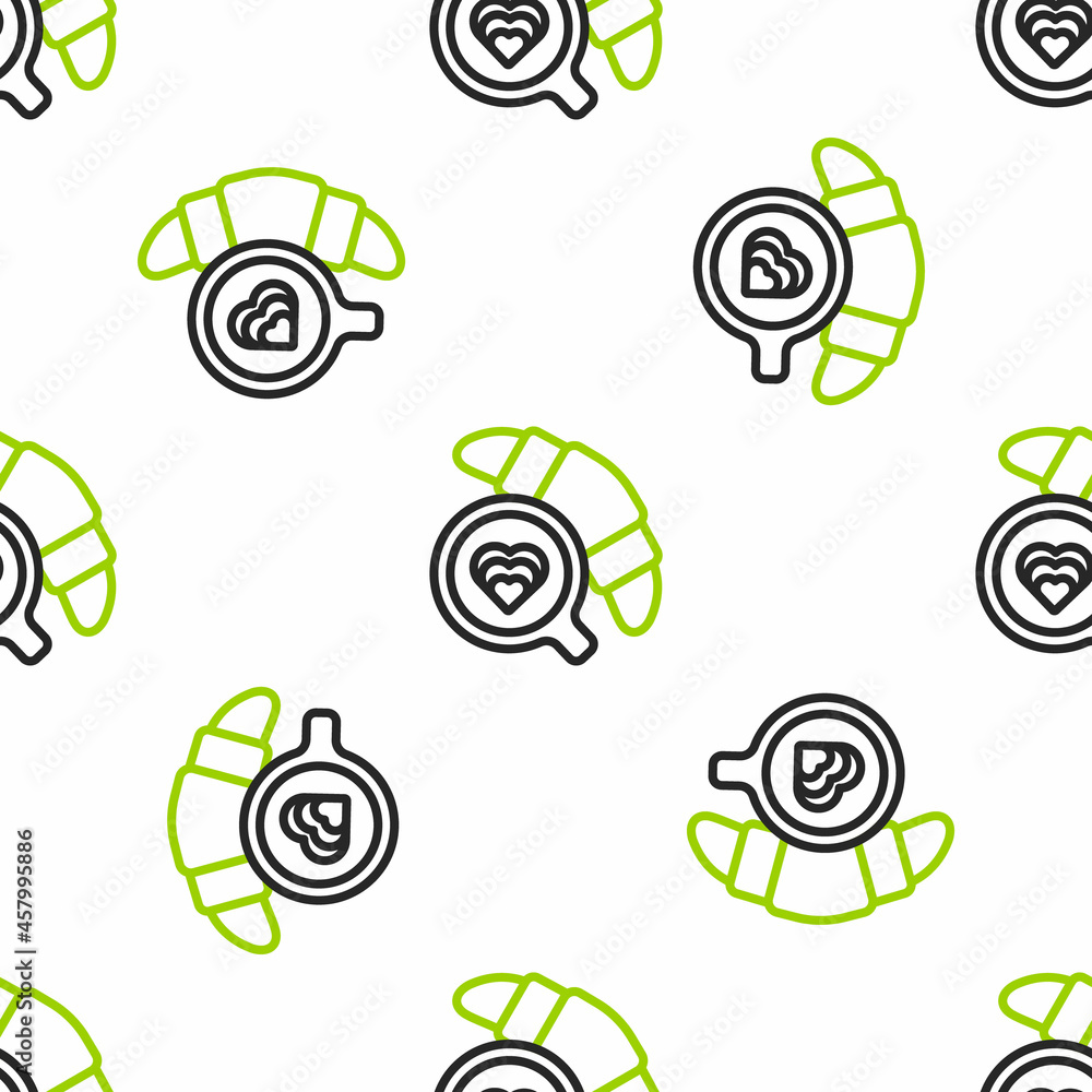 Line Coffee cup with croissant icon isolated seamless pattern on white background. Tea cup. Hot drin