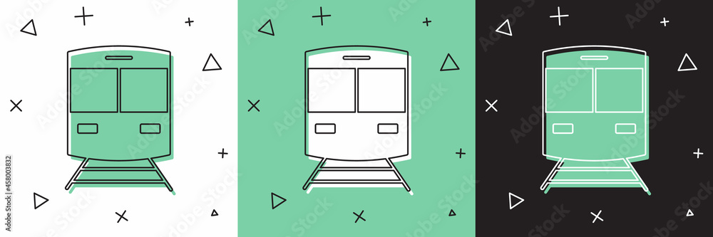 将火车和铁路图标隔离在白色和绿色黑色背景上。公共交通符号