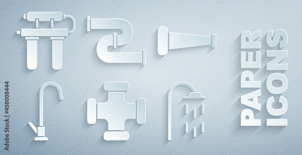 Set Industry metallic pipe, Water tap, Shower, and filter icon. Vector