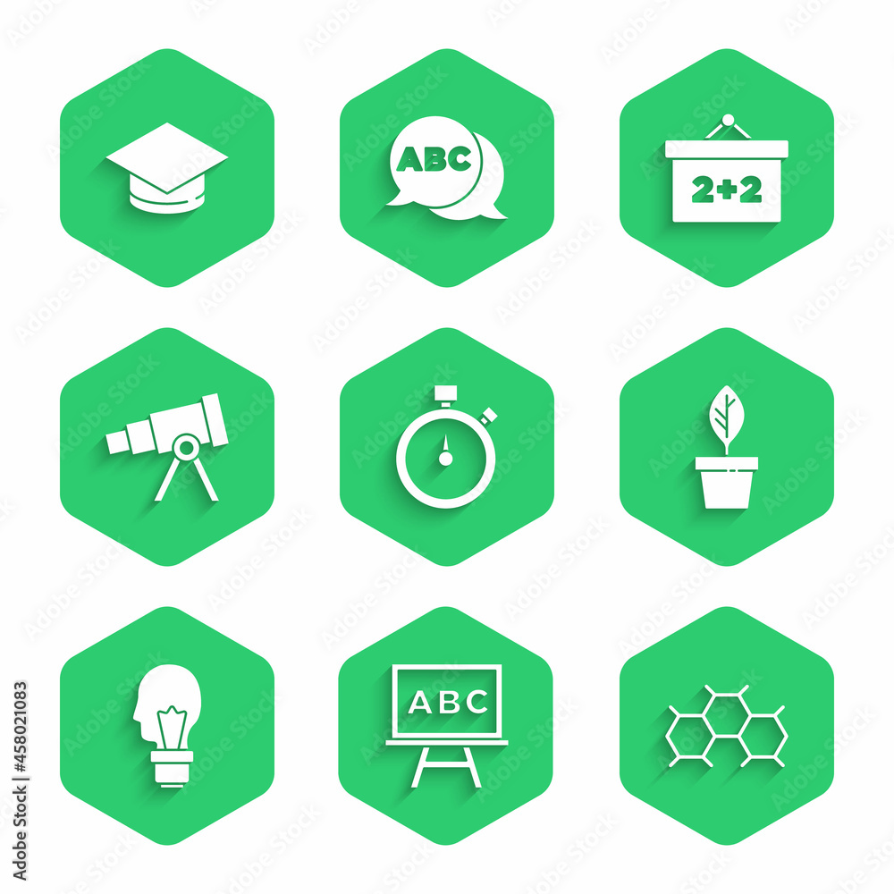 Set Stopwatch, Chalkboard, Chemical formula, Plant in pot, Light bulb with concept of idea, Telescop