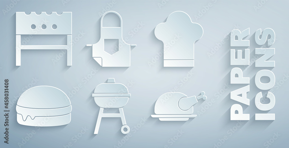 Set Barbecue grill, Chef hat, Burger, Roasted turkey or chicken, Kitchen apron and BBQ brazier icon.