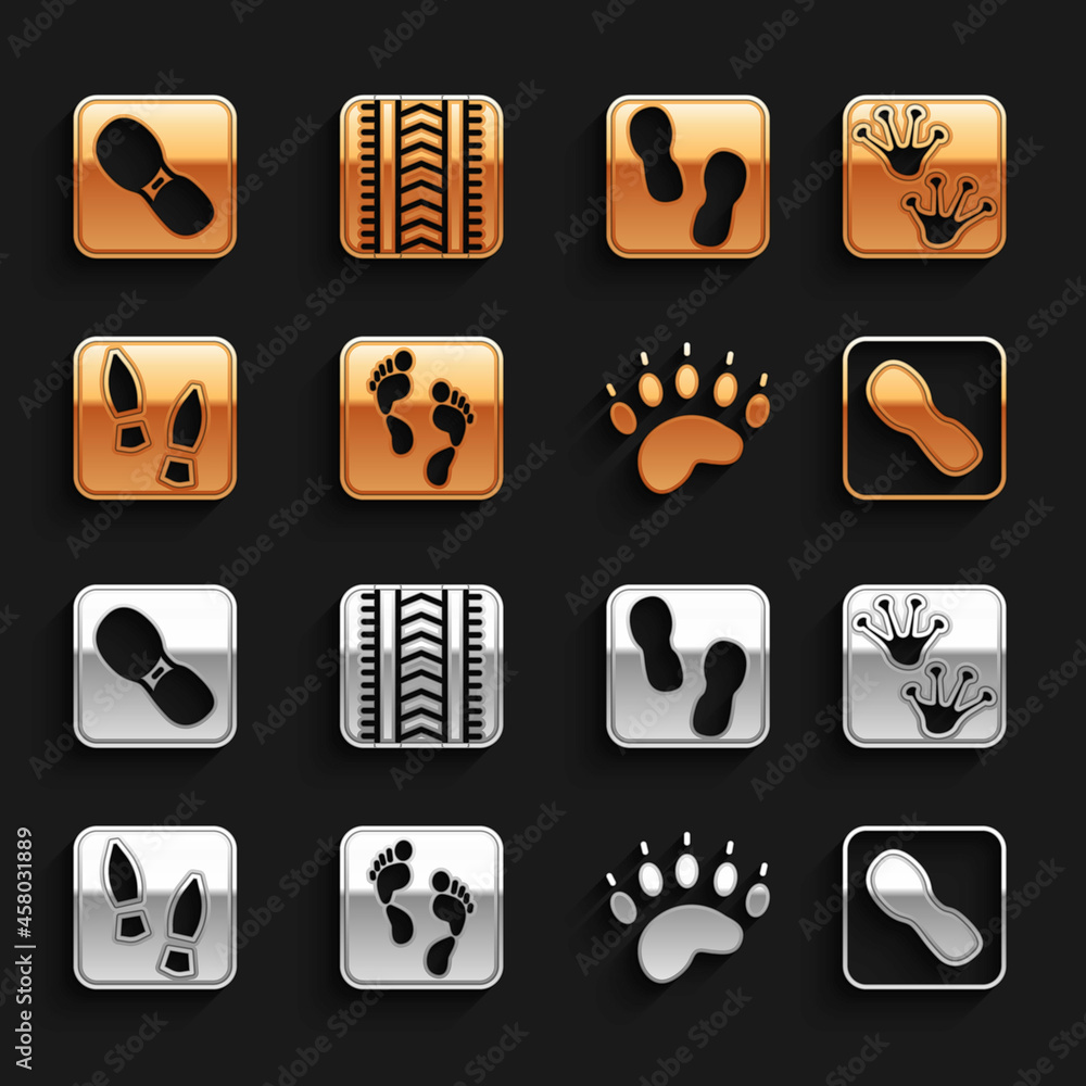 Set Human footprint, Frog paw, footprints shoes, Bear, and Tire track icon. Vector