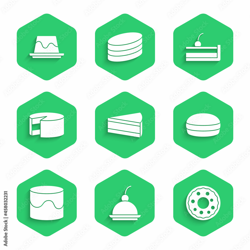 Set Piece of cake, Cherry cheesecake, Donut, Macaron cookie, Cake, and Pudding custard icon. Vector