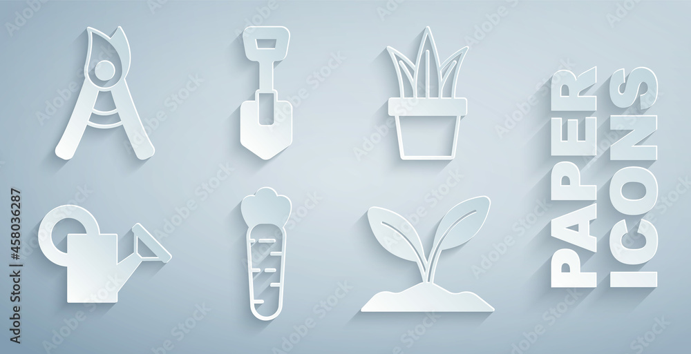 Set Carrot, Plant in pot, Watering can, Sprout, Shovel and Gardening handmade scissors icon. Vector